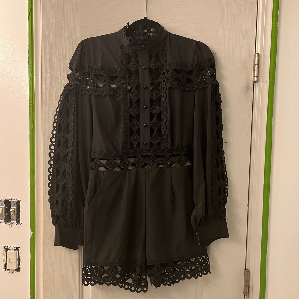 Black Lace Embellished Romper long sleeve